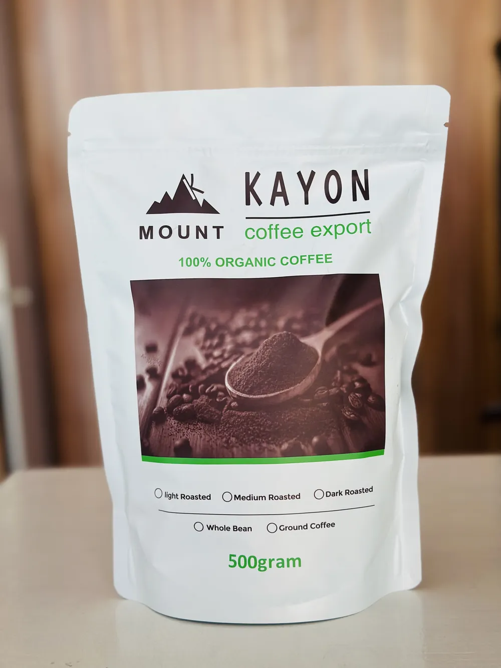 Mount Kayon packaged retail coffee — premium Ethiopian Arabica roasted and packaged for retail